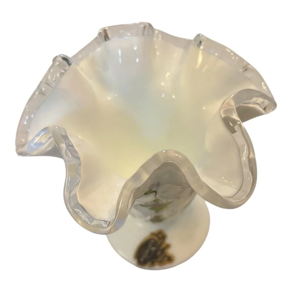 Fenton Milk Glass Violets hand paint Spanish Lace Silver Crest Ruffled Vase 4